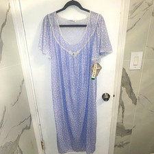 Lorraine Vintage Blue Floral Lace Trim Nightgown Size L 091590