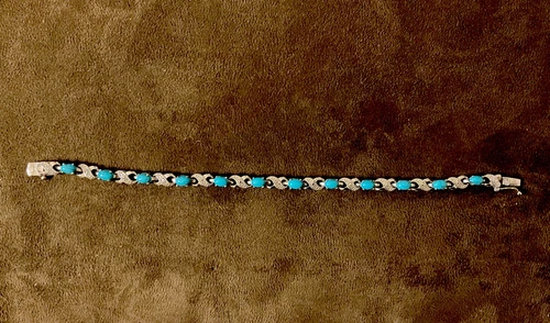 Thai FAS Silver Plate XO Tennis Bracelet Turquoise Color Stones  8”