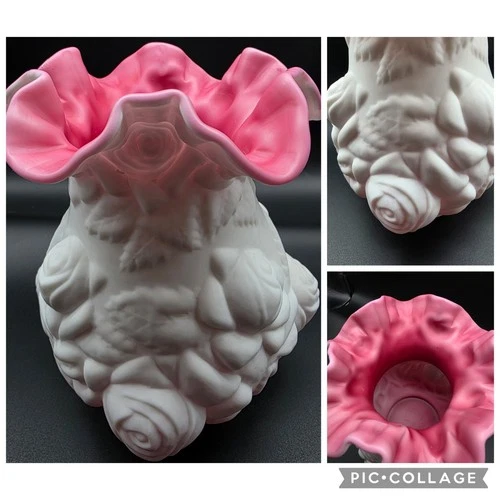 Fenton LG Wright Puffy Rose Cased Overlay Embossed Vase Pink White Ruffled 8.5"