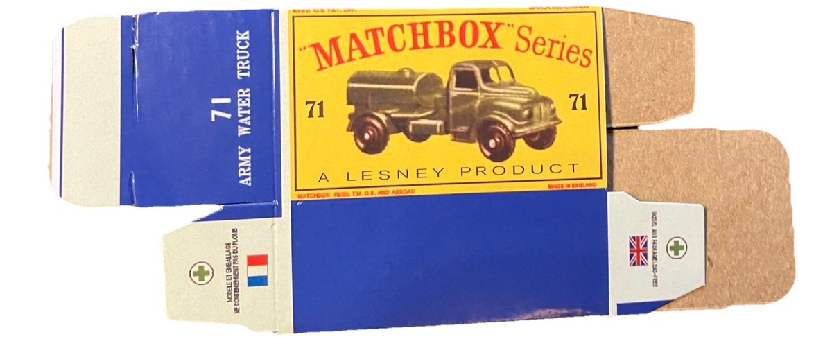 MATCHBOX 　No.71 Army Water Truck Matchbox #71 Army Water Truck '61-'65 Type D Repro Box | eBay