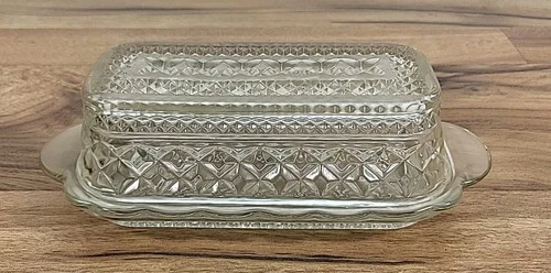Vintage Clear Glass Anchor Hocking Wexford Diamond Pattern Butter Dish w/Lid