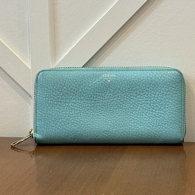 FOSSIL Pebbled Leather Wallet Tara Clutch Turquoise Aqua Zip