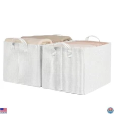 StorageWorks Large Fabric Storage Bins - Khaki & Beige Striped Baskets, 2-Pack