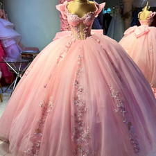 Light Pink Quinceanera Dresses with Bow Glitter Sweet 15 16 Party Ball Gowns