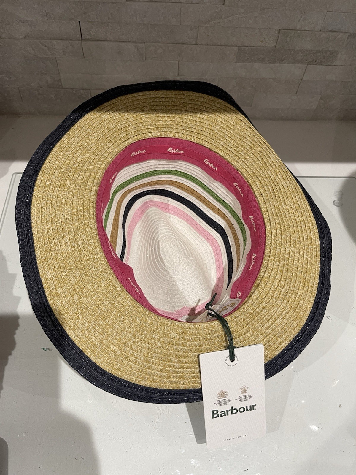 Barbour Kenmore Fedora Straw Beige White Pink Collapsible Summer Beach Hat Small image 6