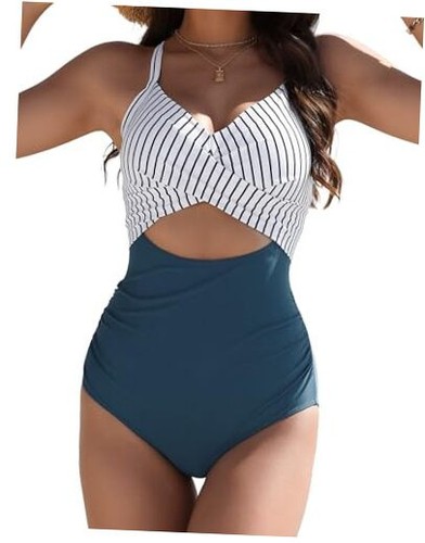Women's One Piece Swimsuit Tummy Control Bathing Suits Sexy Large Blue Striped - Picture 1 of 7