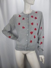 Escada Sport Damen Strickjacke 100 % Schurwolle Herz-Applikationen Gr. L/XL Grau