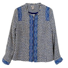 NEW Chico s Tweed Jacket Full Zip Metallic Bandana Trim Women 8-10 Medium Fringe