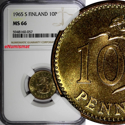 Finland Aluminium-Bronze 1965 S 10 Penniä NGC MS66 TOP GRADED KM# 46 (057)