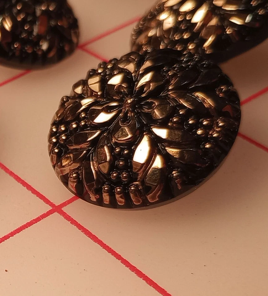 3 Magníficos Botones Vintage Floral Checo Vidrio Negro y Dorado 15/16" 23mm Foto 4 de 4