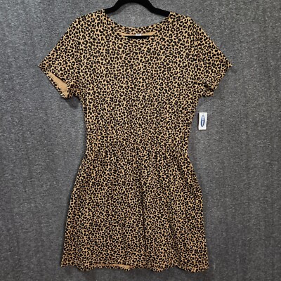 Old Navy Womens L Brown Cheetah Print Casual Short Sleeve Elastic Waist Dress