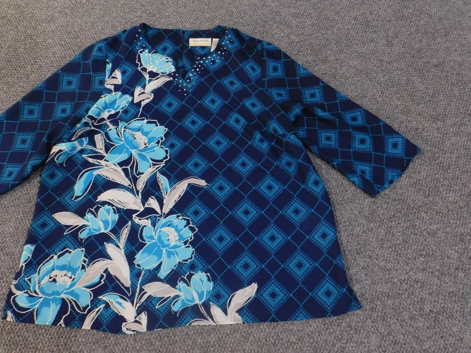 Alfred Dunner Top Talla 18W Azul Geométrico Mujer Floral Jersey Poliéster Foto 3 de 4