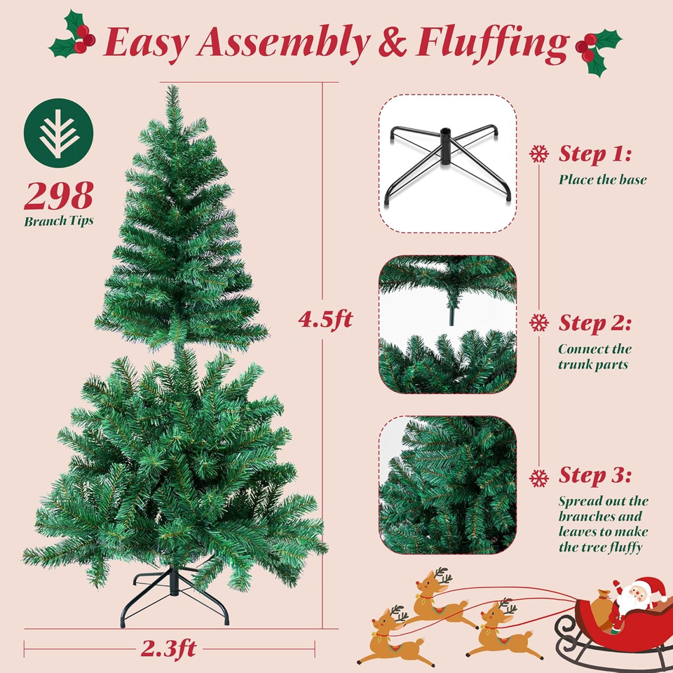4.5Ft Green Artificial Christmas Tree, Hinged Faux Christmas Tree with