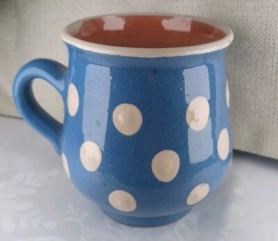 Handmade Hungarian Pottery Mug Blue White Polka Dot Folk Art Cup 