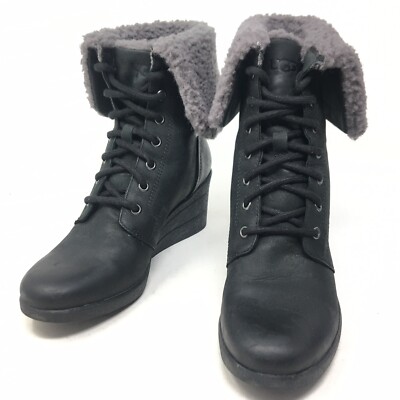 UGG Australia Black Zea Shearling Wedge Lace Up Ankle Boots