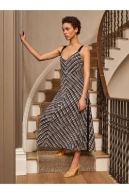 LA LIGNE STRIPED SILK MIDI DRESS WOMENS SIZE L LARGE BLACK WHITE NWOT