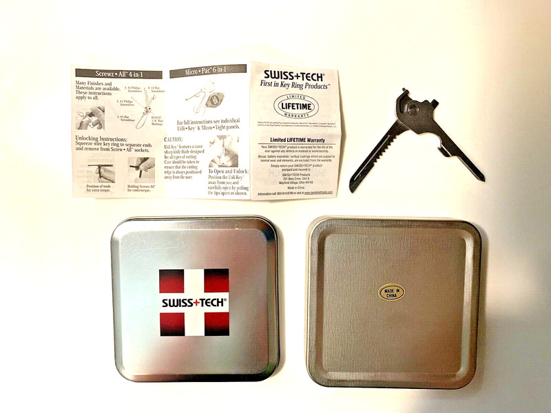 SWISS TECH 6 in 1 for KEY RING-TIN box-Micro Eyeglass SCDR, Bottle Opener,+More!