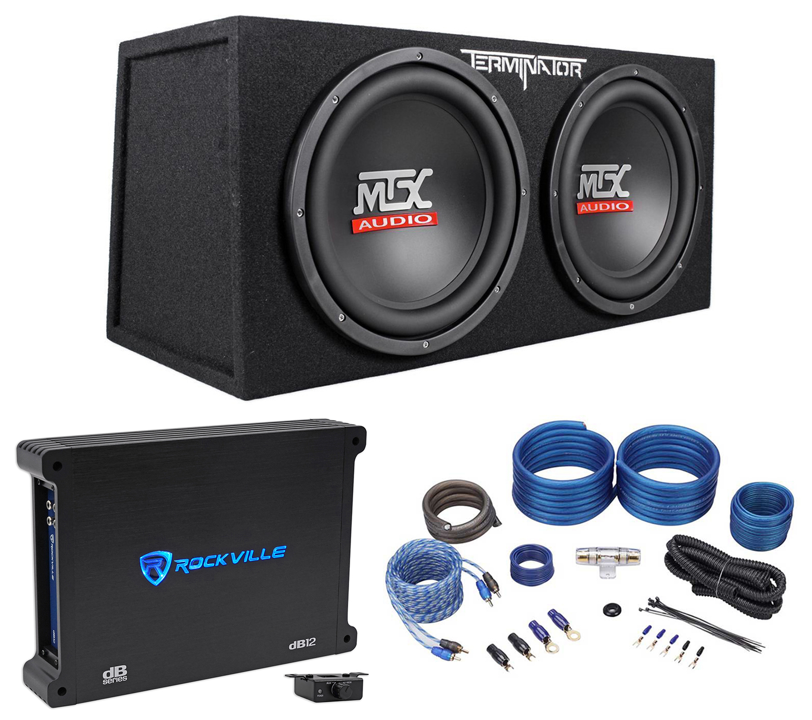 MTX Terminator TNE212D 1200 Watt Dual 12” Subwoofers+Sealed Sub Box+Amp+Wire Kit