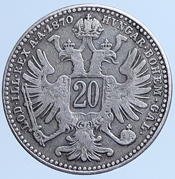 1870 AUSTRIA KING FRANZ JOSEPH I Eagle Antique Silver 20 Kreuzer