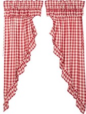 63"L Country Red Buffalo Check Ruffled Drawstring Prairie Curtains Lined Annie