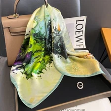 100% Pure Silk 27'' Scarf Women Fashion Green Splash-ink Kerchief Square Bandana