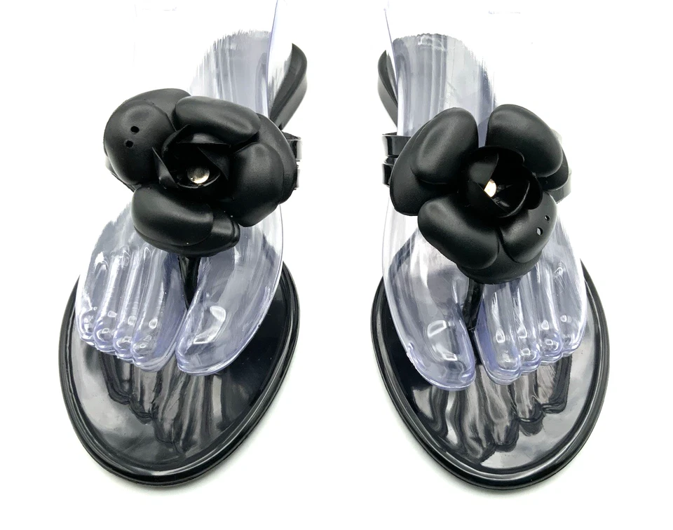 Sandalias chanclas negras Chanel camelia CC jalea tanga flor 38 EU/7,5 EE. UU. Foto 4 de 4