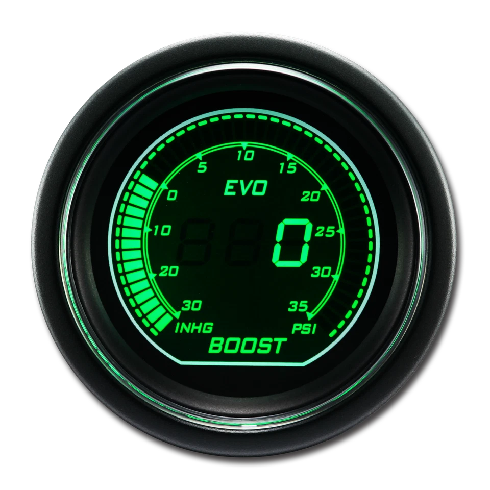 EVO 52mm Digital Turbo Boost/Vacuum Gauge -30~0 inHg/0~35 PSI White & Green LCD - Image 2 of 4