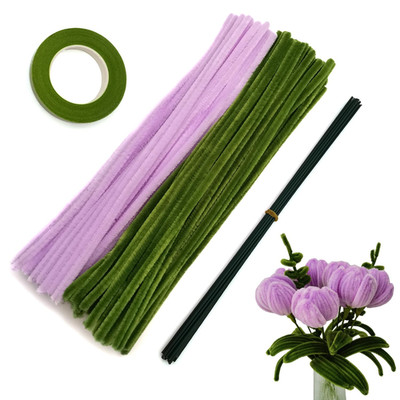 200 Pcs Purple Olivegreen Pipe Cleaners Set with Floral Wires & Gardening Tape,
