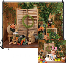 10X8Ft Spring Easter Backdrops for Photography Bunny Rural Wooden Board Wall Gre
