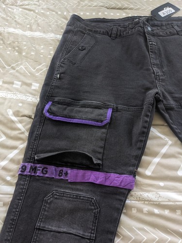 8 & 9 MFG Strapped Up Black Jeans w/Purple Straps - Mens Size 44 New With Tags - Picture 3 of 9