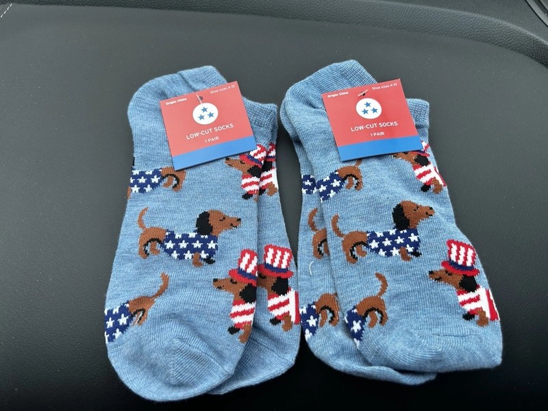 Dachshund Dog Patriotic Low-Cut Socks Blue w/Brown Dogs *2 Pair*