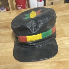 Vintage Leather Cap Black Red Yellow Green Star and Band