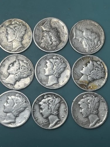 Lot of 9 Mercury Dimes 10c 90% Silver 1940’s Dates .900 Fine Ag Dime Mixed Date