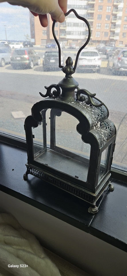 Antique Decorative French Wrought Iron Metal 4 Sided Glass Lantern Hand Hammered - Image 2 of 4