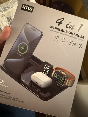 R11S 4-in-1 Wireless Charging Dock Black for iPhone iWatch AirPods Alarm Clock