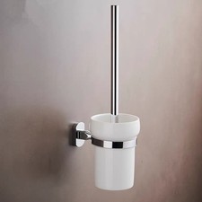 Chrome Brass Toilet Brush Holder Set Handle Wall Mount Round Ceramic Bowl Cup