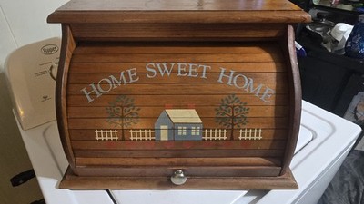 Wood Roll-Top Bread Bin w/ Handle, 1 Loaf, Oak Tone ''Home Sweet Home''