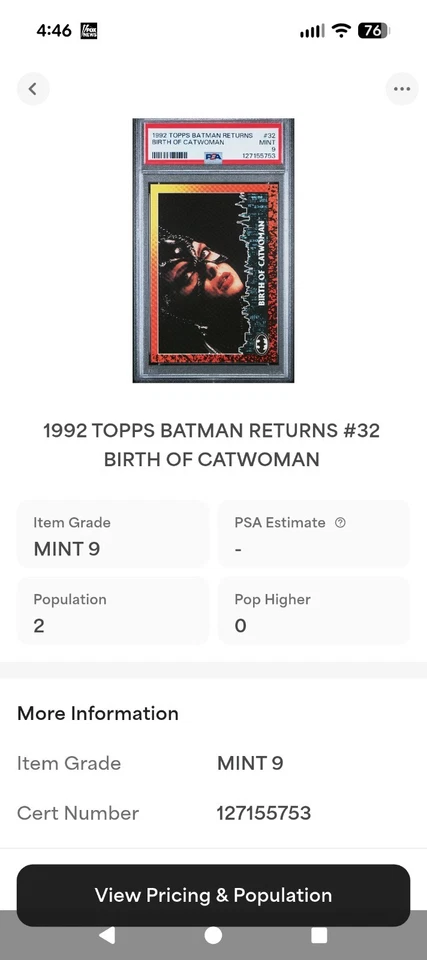 1992 Topps BATMAN RETURNS #32 BIRTH OF CATWOMAN Michelle Pfeiffer PSA 9 Pop 2 - Image 3 of 4