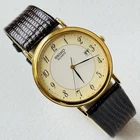 Vintage Seiko 34mm Men's Date Watch Gold Brown Lizard Leather 7N22-8A09