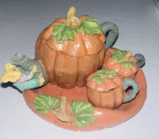 Miniature Tea Set - Pumpkin! Serving Plate, Tea Pot, 2 Tea Cups w lids. Decorati