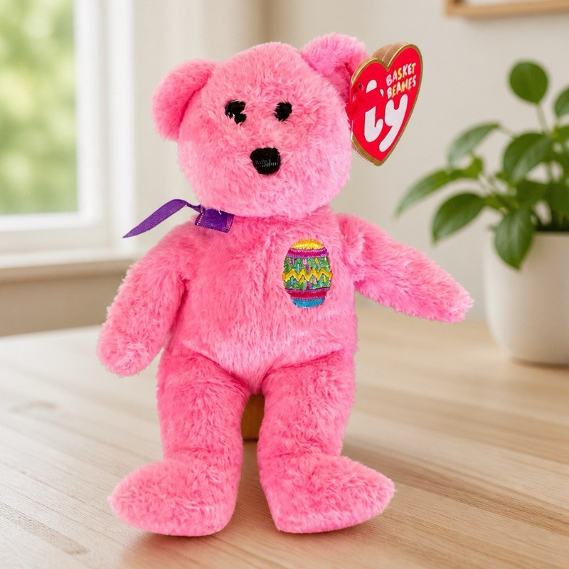 Ty Basket Beanies EGGS Pink Bear Plush Beanbag Happy Spring 2001 E665