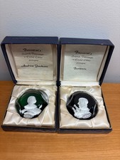 Baccarat Sulphide Paperweights Pair 1972 Andrew Jackson & 1974 Bonaparte w/Box