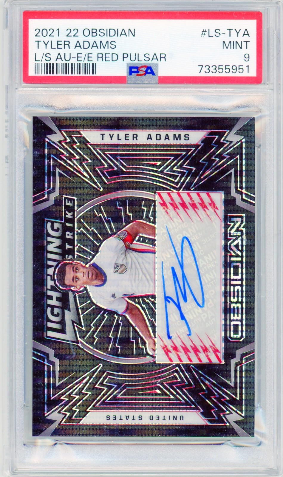 2021-22 Obsidian Tyler Adams Lightning Strike RED PULSAR /18 Auto PSA 9 #LS-TYA
