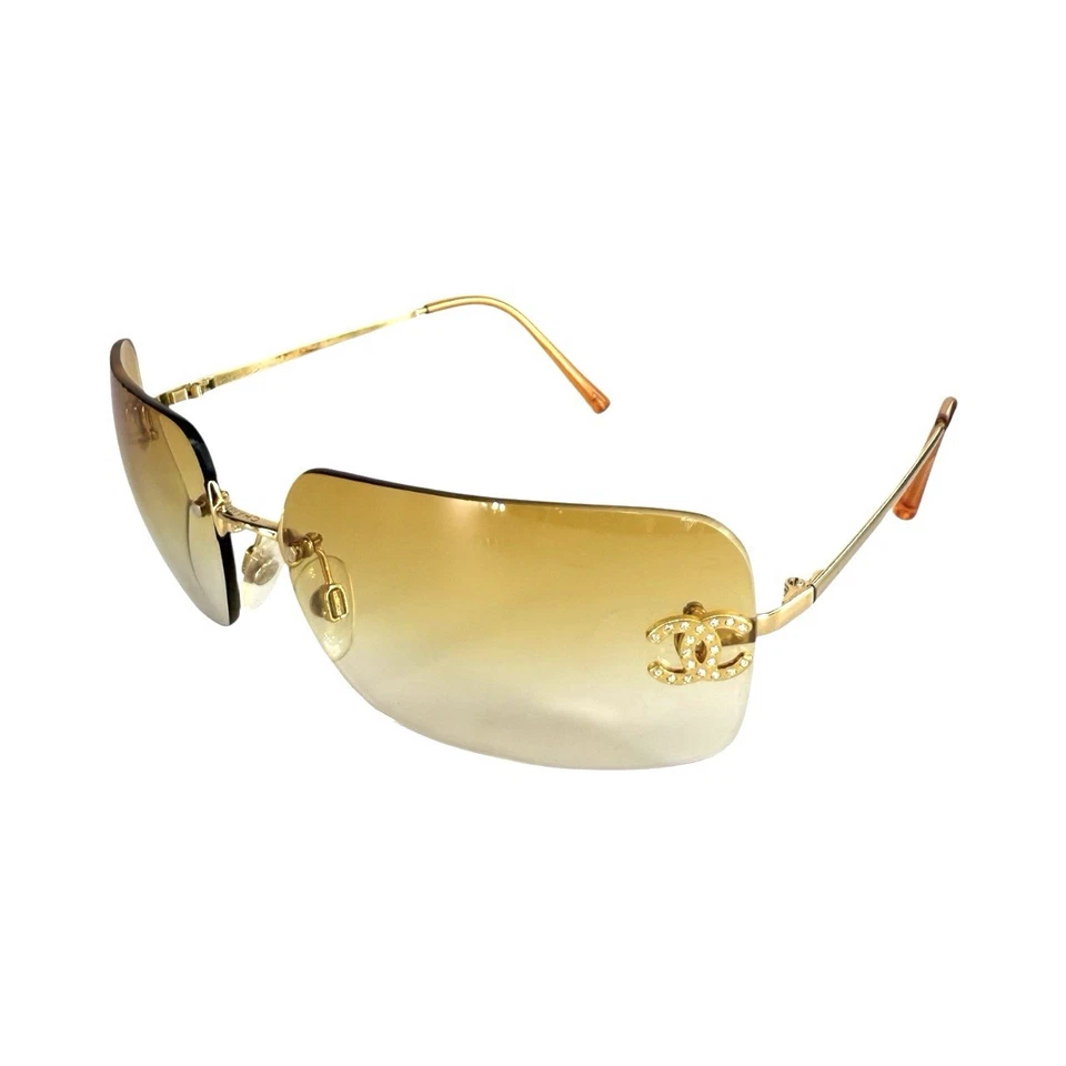 CHANEL CC Logo Brown and Gold Rimless Sunglasses - Image 3 of 4
