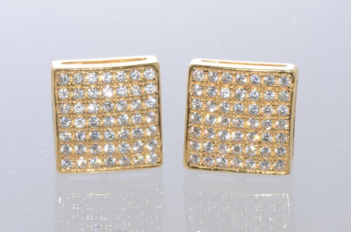 Gold Plated Sterling Silver CZ Stud Screw Back Bling Earrings 9mm Square - Picture 4 of 5