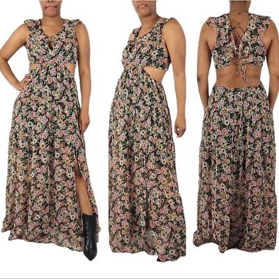ASTR The Label Floral Ruffle Black Multicolor Cutout Maxi Dress Size large  | eBay