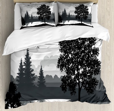 Scenery Duvet Cover Set with Pillow Shams Trees Birds Cloudy Sky Print