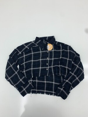 Thread Story Womens Black Blue Plaid Cropped Long Sleeve Button Up Size Medium