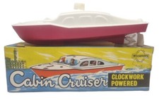 VINTAGE 1950S WELSOTOYS CLOCKWORK POWERED PLASTIC CABIN CRUISER BOXED BOAT TOY