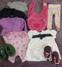 Lot Of Newborn Baby Girl/Doll Clothes Tops, Pants, Shoes, Bib Mostly Carter